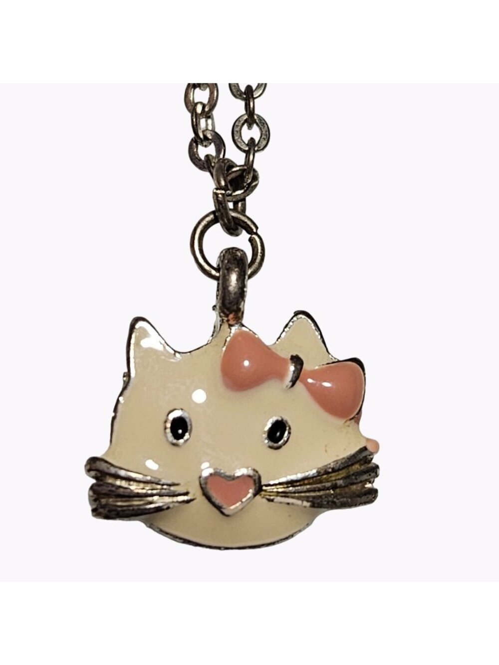 Enamel Cat Pendant Necklace Silver Tone Chain Bow Heart Nose Fun Fashion Jewelry